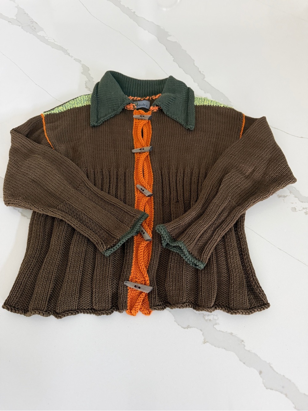 Lynne McNulty Vintage Handknit Brown Ribbed Knit Sweater Cardigan with Orange